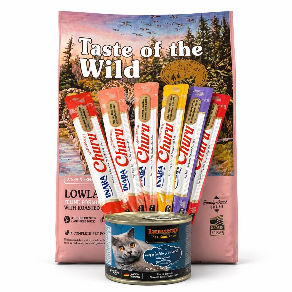 Pack Nutrición Ansestral Taste of The Wild Lowland Creek Feline (Pato) 2KG +Lata Leonardo 200Gr. + 6 Churu variados