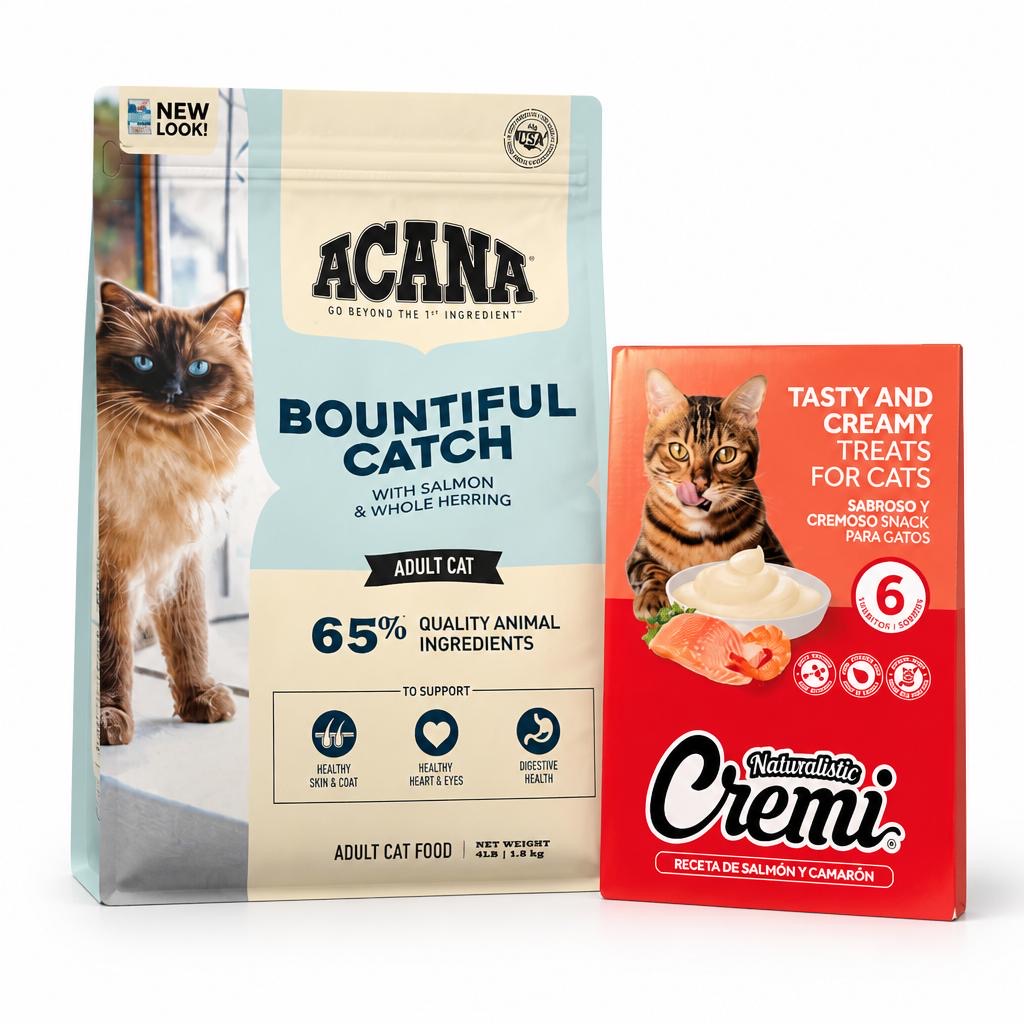 Pack Acana Bountiful Catch nutrición premium 1,8 Kg.+Cajita de Cremi (Salmón y Camarón) 30 tubos.