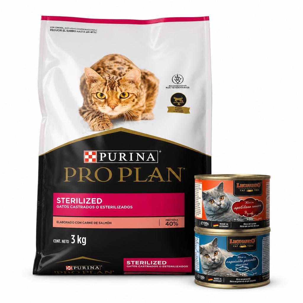 Pack Purina PRO PLAN Gato Castrados o esterilizado 3Kg.+ 2 Latas Leonardo 200 Gr.