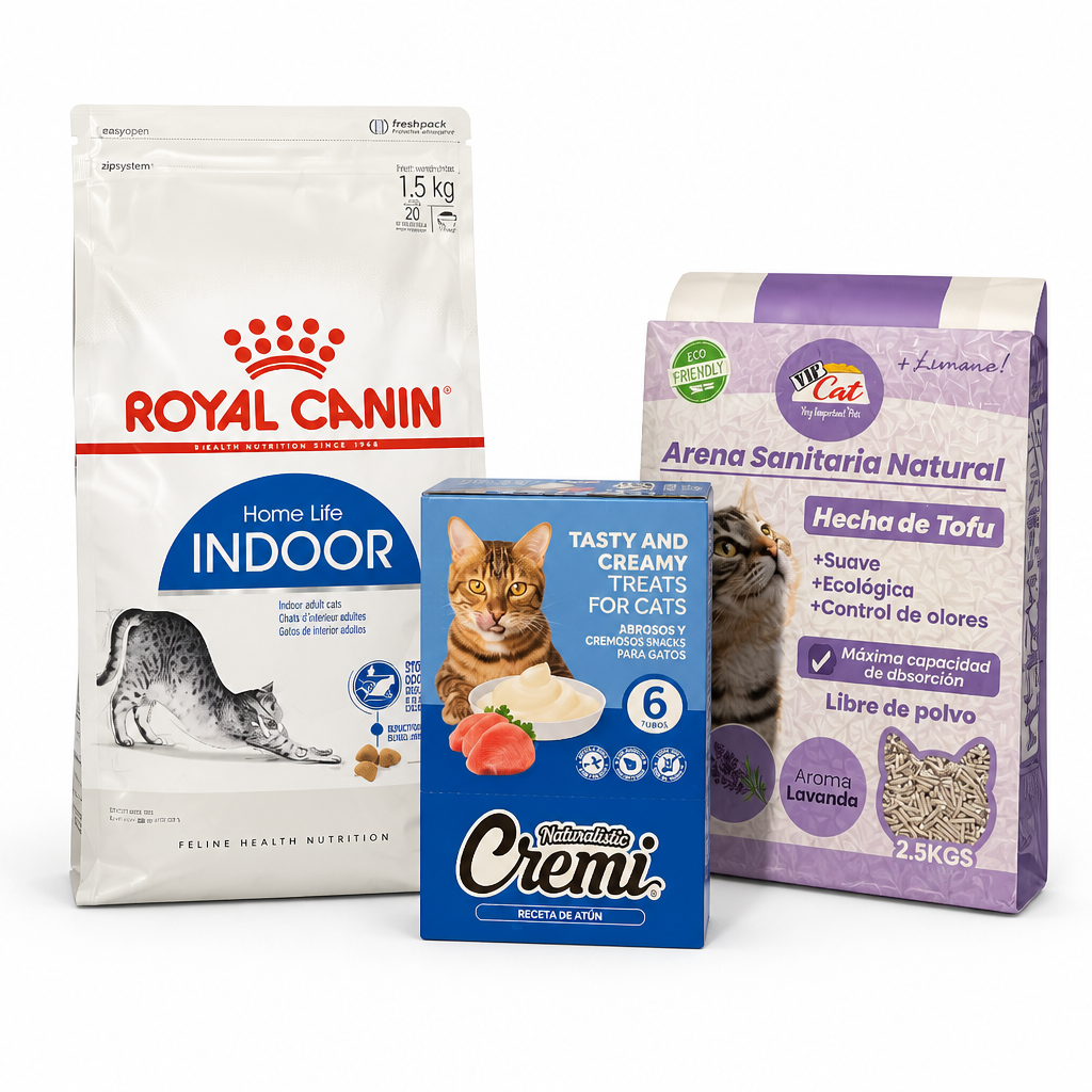 Packs Royal Canin Gato Indoor + Arena Sanitaria Ecologica de Tofu + Cajita Cremi con 30 tubitos sabor Atun