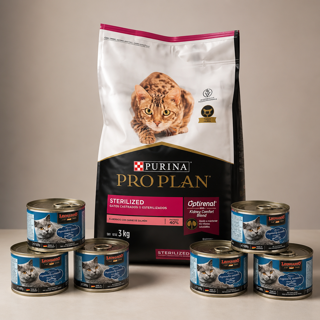Pack Cuidado Esterilizado Premium. Pro Plan 3Kg.+6 Latas Leonardo 200gr. sabor pescado.