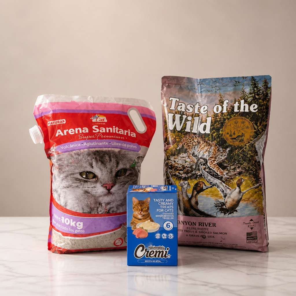 Pack Gato Consentido Taste Of The Wild Cat Lowland Creek 6,6Kg + Arena Sanitaria Volcanica 10Kg + Cajita de Creme Atun 30 tubitos.