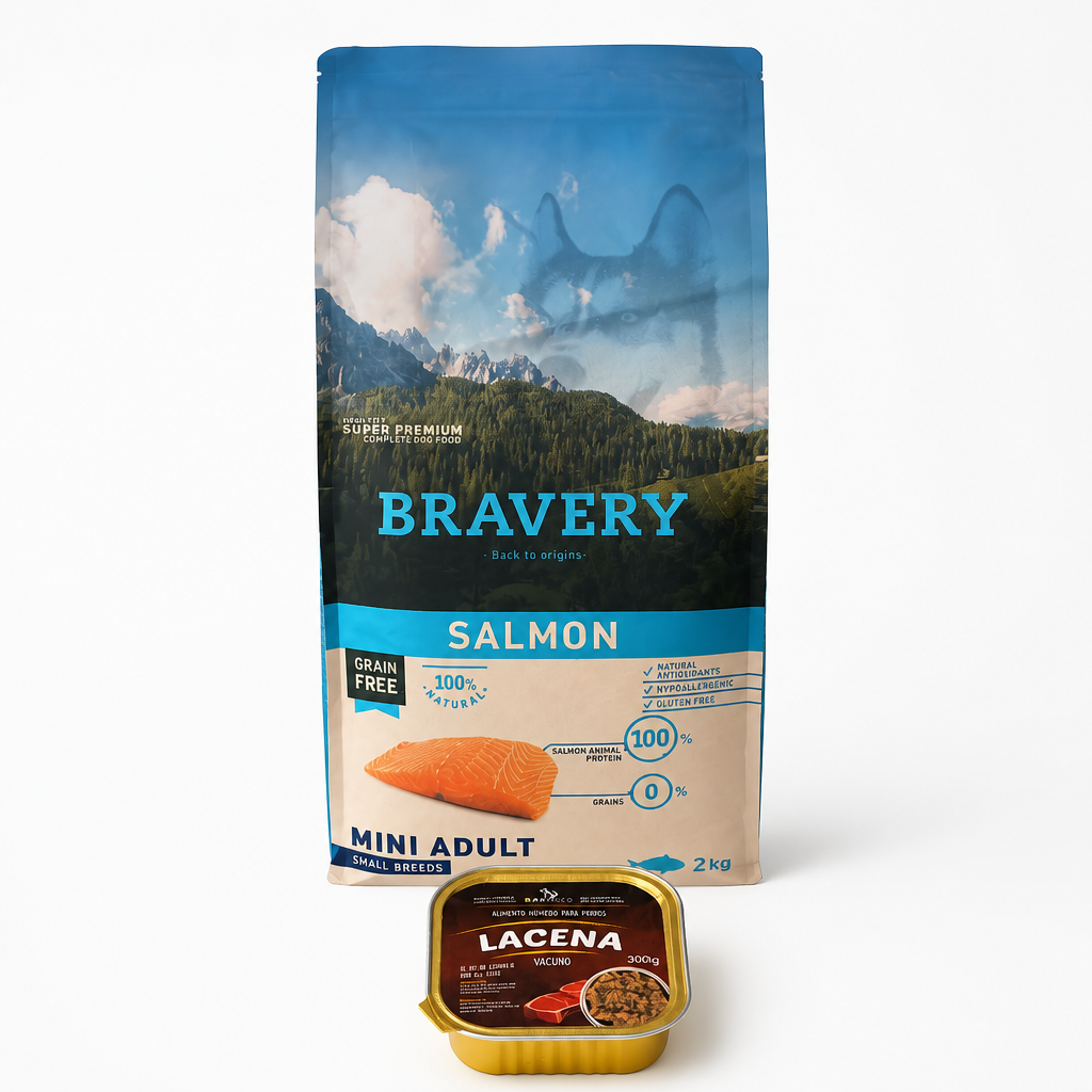 Packs Bravery perro mini adulto 2Kg + Alimento húmedo Lacena Vacuno 300 gr.