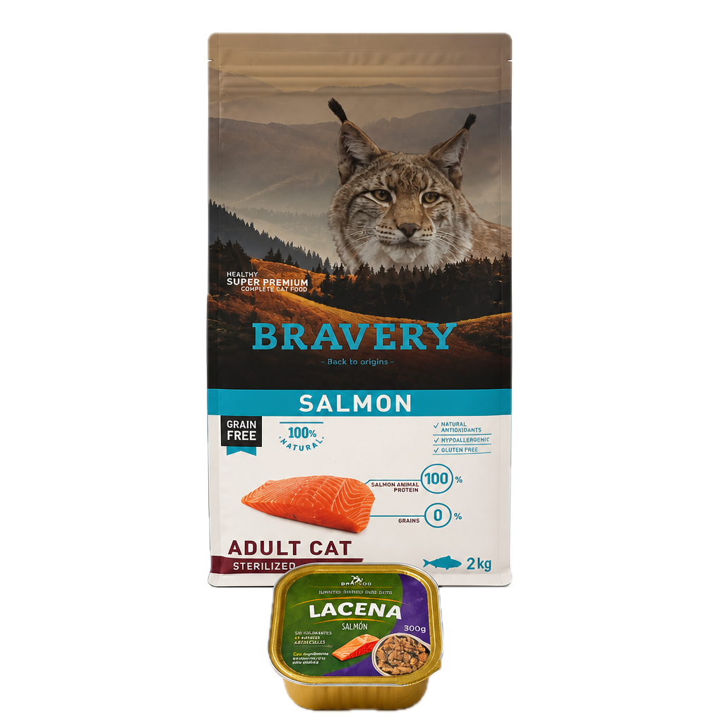 Pack Bravery Salmón gato 2kg+ Alimento húmedo Lacena de Salmon 300gr.
