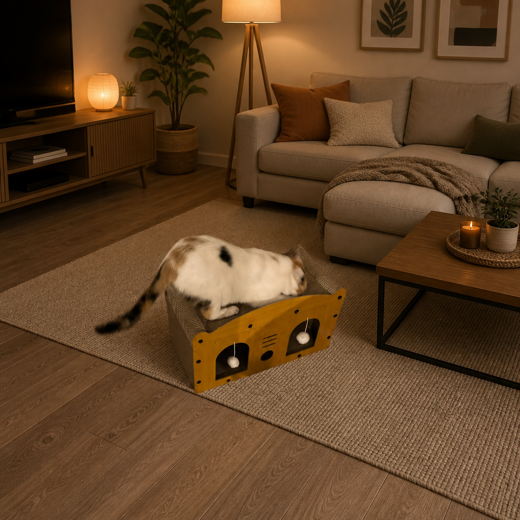 Casa rascador interactiva con cama de descanso para gatito
