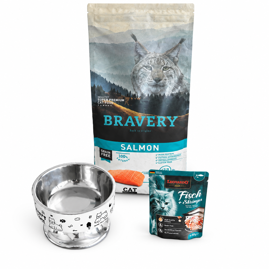 Pack premium Bravery Gato adulto Salmon 2Kg + Alimento húmedo Leonardo 85gr + Plato funcional 2 en uno