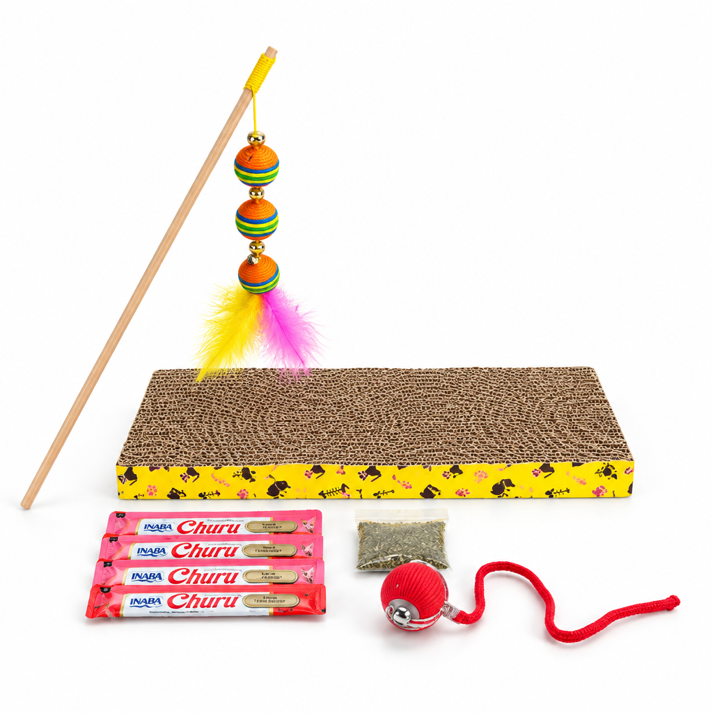 Pack diversion y relajo, Rascador + pelota interactiva con luz + varilla estimulante+ 4 churus variedad de sabor
