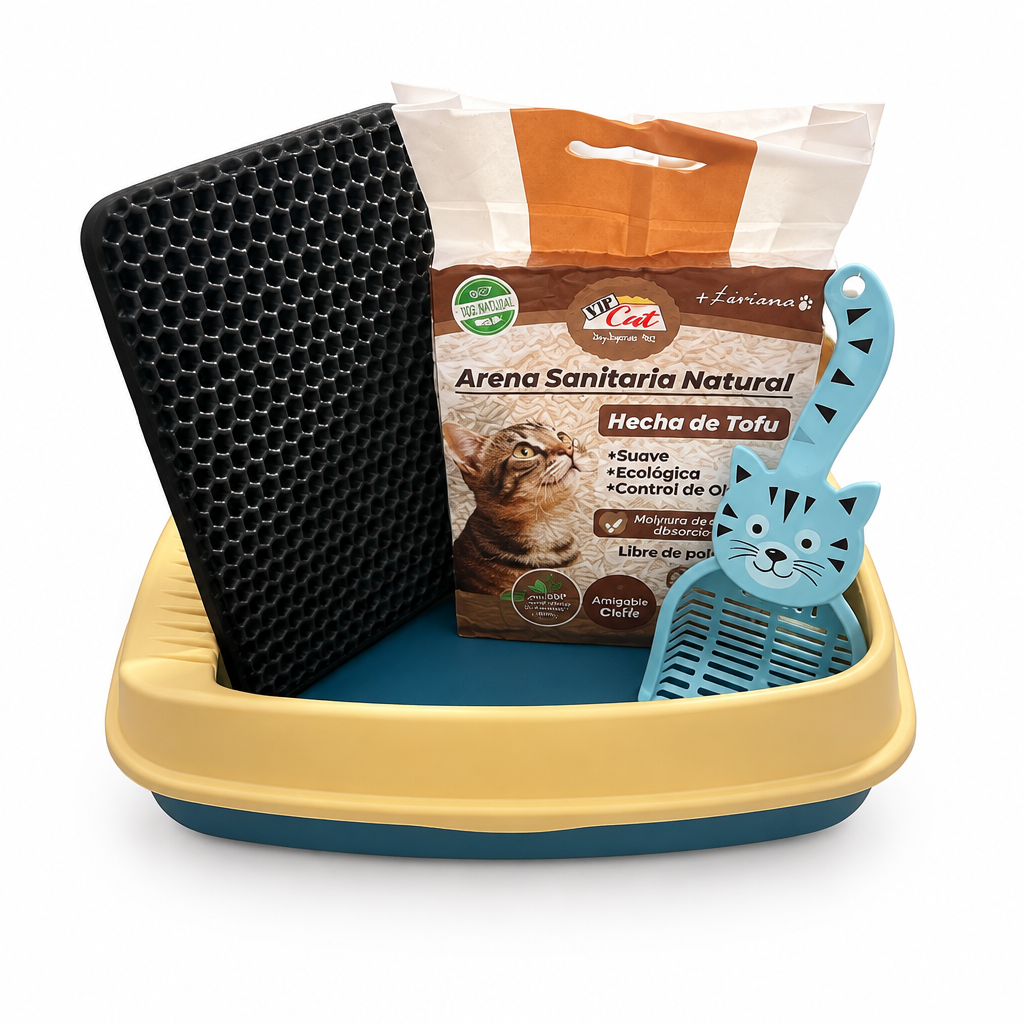 Pack higiene Gatito pequeño, Arenero funcional con su pala+ Arena Ecológica + Alfombra protectora para el cuidado de pisos
