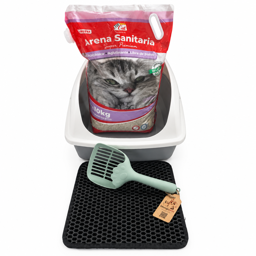 Pack infalible todo en un solo pedido Arena 10 Kg+ Arenero y pala +Alfombra absorbente que limpia y protege tus pisos.