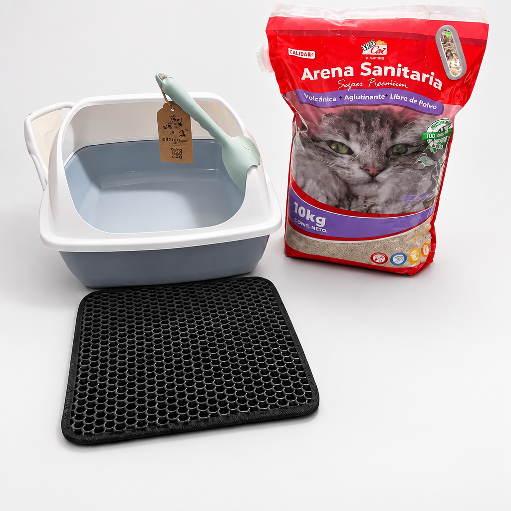 Pack infalible todo en un solo pedido Arena 10 Kg+ Arenero y pala +Alfombra absorbente que limpia y protege tus pisos.
